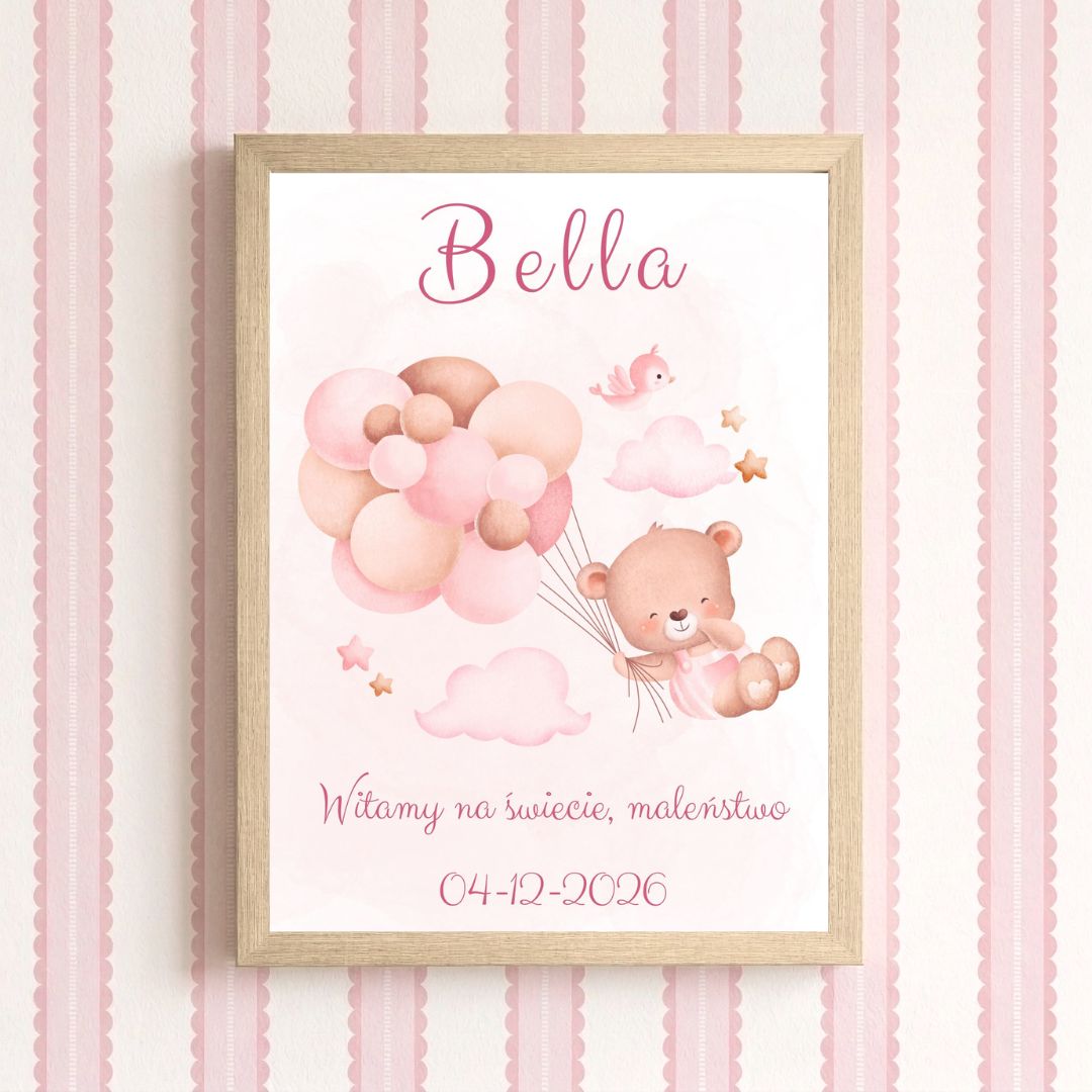 Personalizowana ramka pamiątkowa -  Różowy miś z balonami